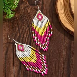 Handmade Beaded Fringe Earrings - Hot Pink, Yellow & White